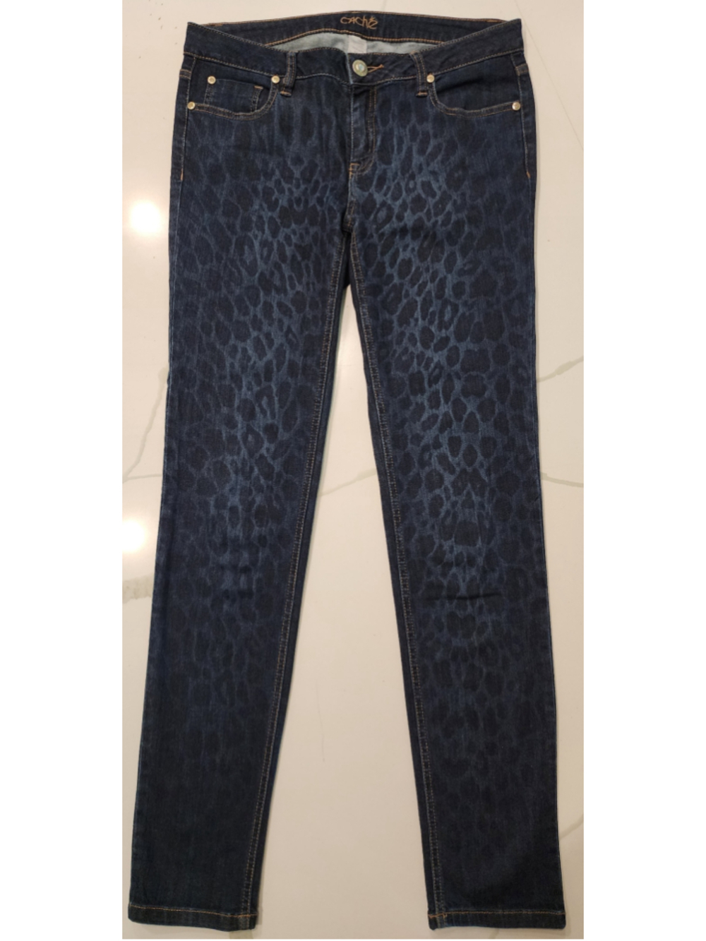 Vintage Y2K Cache Women’s 6 Leopard Rhinestone Dark Wash Stretch Skinny Jeans